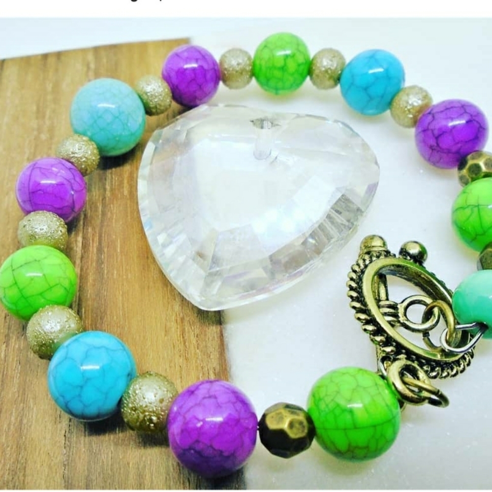 Purple, Blue, Green and Gold Beaded Wrap Bracelet.